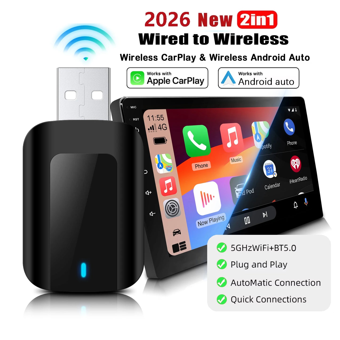 Mini adaptateur CarPlay Android Auto sans fil 2 en 1, avec WiFi 5G BT5.0, Plug and Play, pour voiture filaire en usine, conception compacte, nouveauté 2026