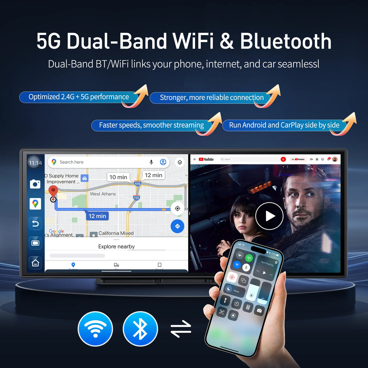 BYUJQ 11.4 'Android 14 8 Core Carplay écran pour voiture Dashcam 4G + 64G sans fil CarPlay et Android Auto Netflix Google Play GPS