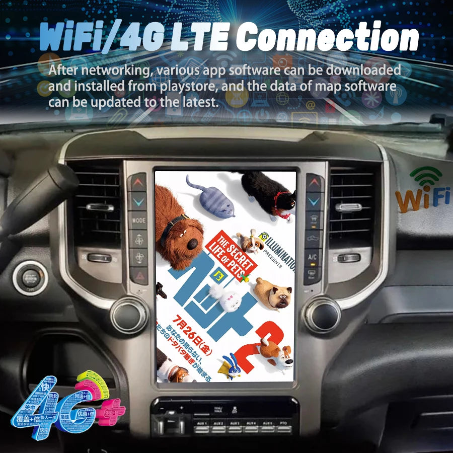 Écran Android de voiture pour Dodge RAM, 8 Go, 256 Go, 2018, 2019 placements, Limitation radio, Lecteur vidéo stéréo, Navigation GPS, Unité principale Carplay