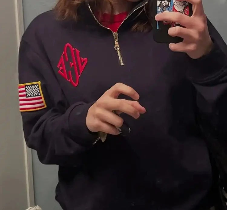Y2K Vintage Epstein brodé sweat col montant quart de fermeture éclair pull surdimensionné décontracté sport Streetwear hommes unisexe