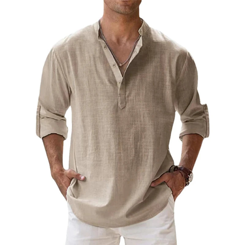 Nouvelles chemises en coton et lin pour hommes chemises décontractées légères à manches longues chemises de plage Henley t-shirts hawaïens pour hommes
