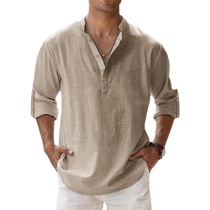 Nouvelles chemises en coton et lin pour hommes chemises décontractées légères à manches longues chemises de plage Henley t-shirts hawaïens pour hommes