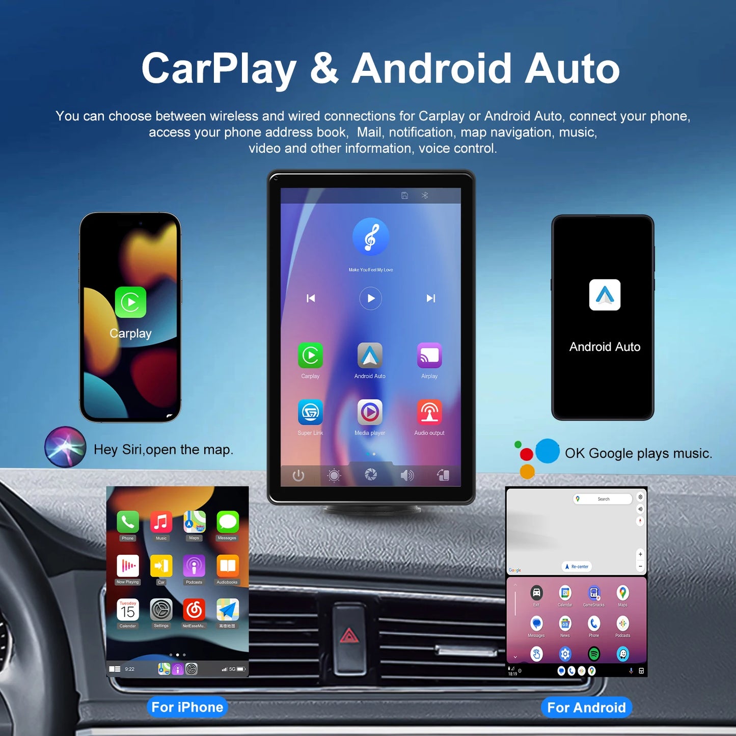 Podofo 8 ''lecteur d'écran intelligent CarPlay Android Auto IPS lecteur multimédia à écran Vertical vers FM Bluetooth Airplay Android Cast