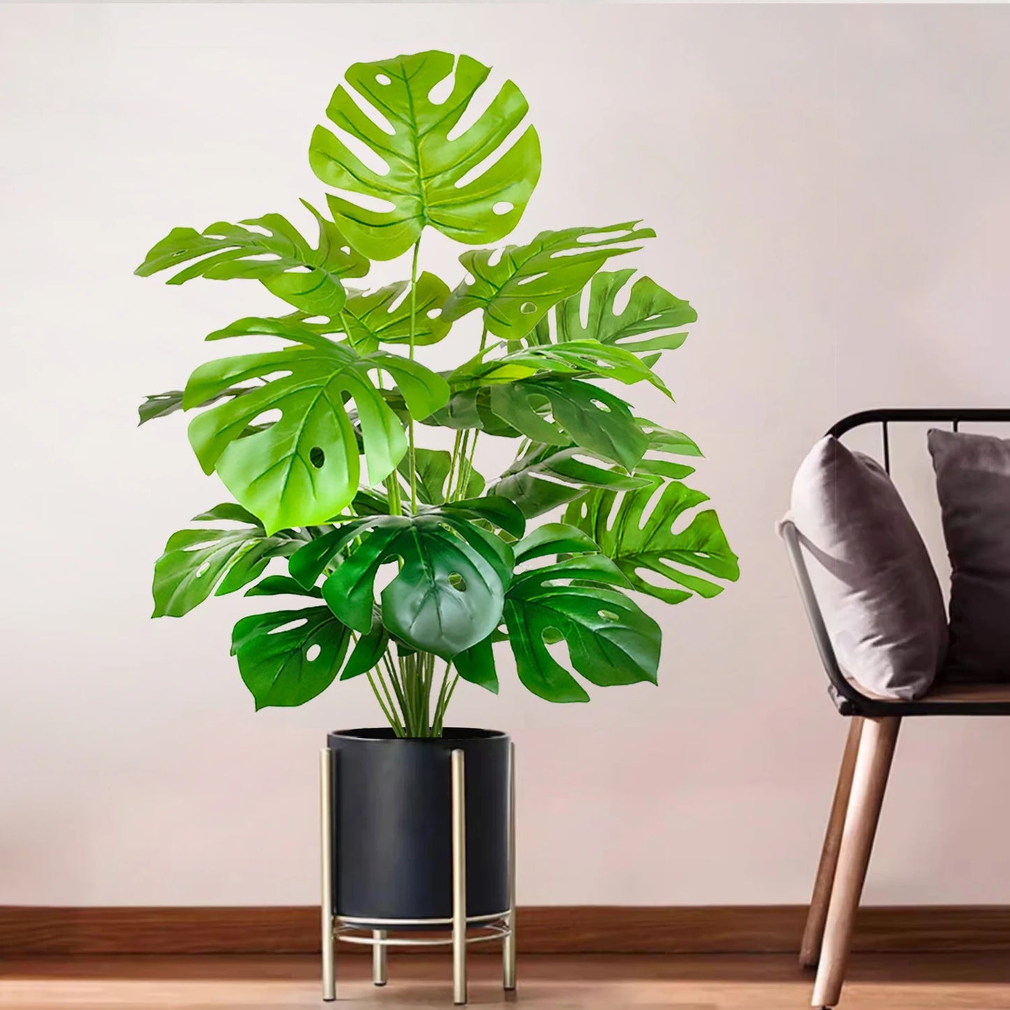 ورقة Monstera اصطناعية بلاستيكية، نبات مزيف للزينة بوعاء، مناسبة لديكور المنزل، 60-100 سم
