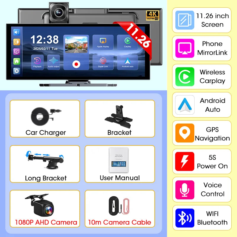 Develuck nouveau 11.26 pouces 4K DVR sans fil CarPlay et Android Auto Portable Dash Cam écran de voiture enregistreur vidéo 5G WIFI Navigation