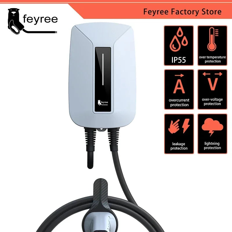 Feyree EVSE Wallbox 32A 7KW شاحن سيارة كهربائية نوع 2 مقبس IEC62196-2 أحادي الطور كابل بطول 5 متر محطة شحن جدارية للسيارات الكهربائية