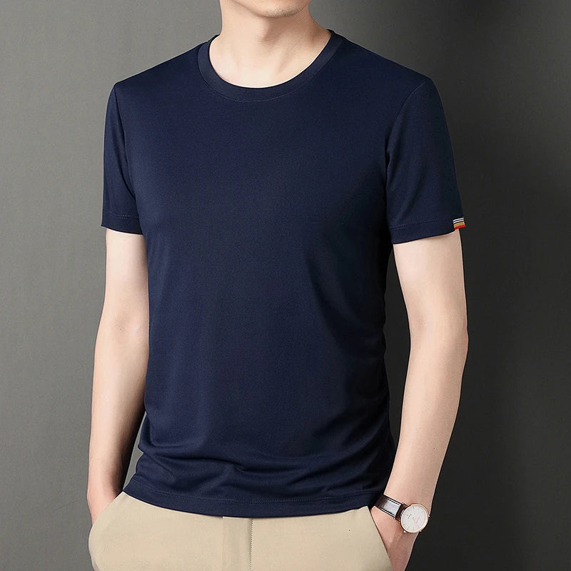 T-shirt à Manches Courtes pour Homme, Col Rond, Solide, avec Poignets Brodés, à la Mode, Confortable, Respirant et artificiel astique