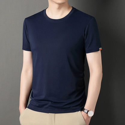 T-shirt à Manches Courtes pour Homme, Col Rond, Solide, avec Poignets Brodés, à la Mode, Confortable, Respirant et artificiel astique