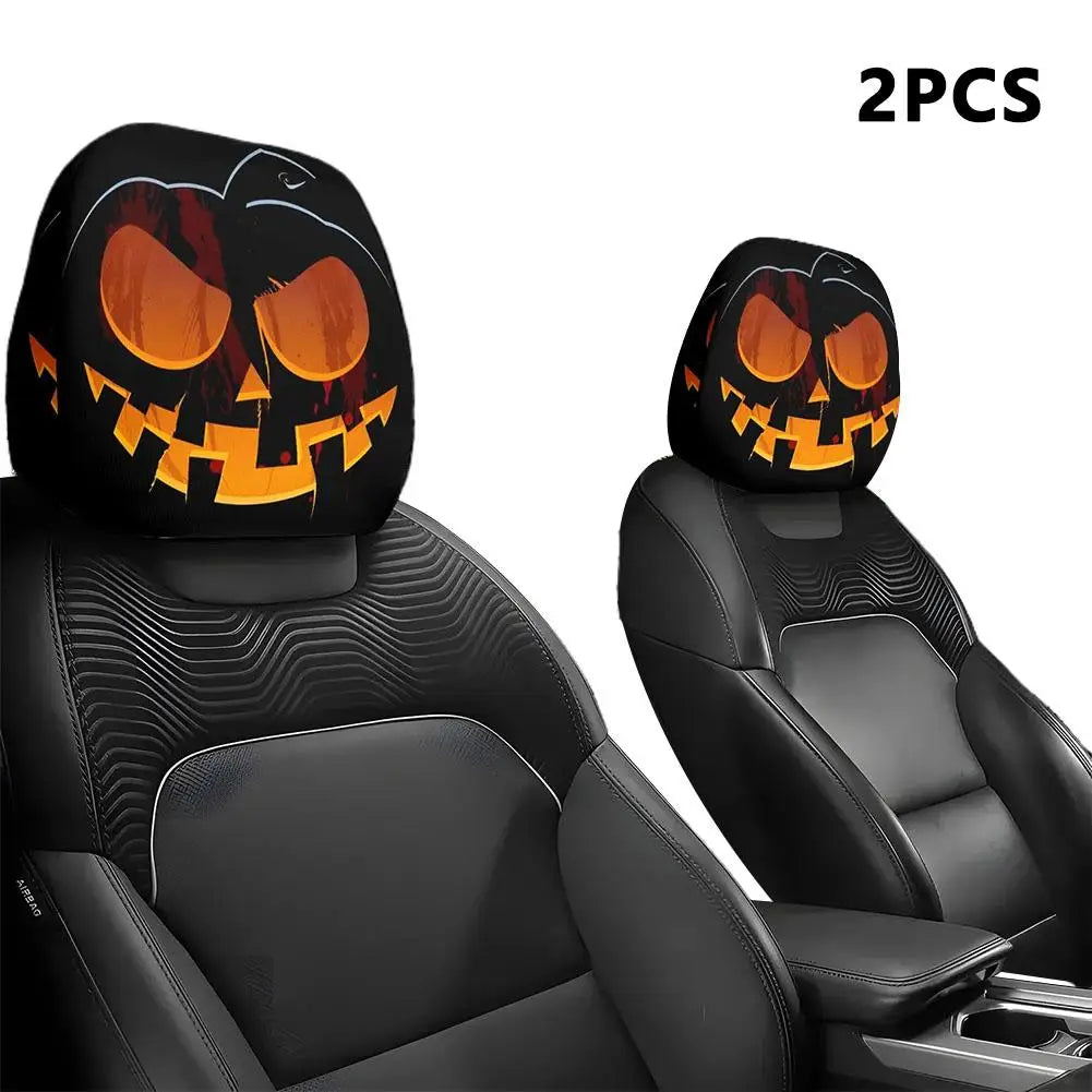 Housse d'appui-tête de voiture d'halloween, 2 pièces, imprimé tête de mort noire et conception d'expression drôle, protection de siège automobile extensible pour décoration effrayante