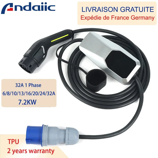 Chargeur de voiture électrique 7,2 kW 32A 1 phase Type 2 Câble Véhicule électrique Prise bleue 4 mètres 10 mètres Étanche Charge rapide