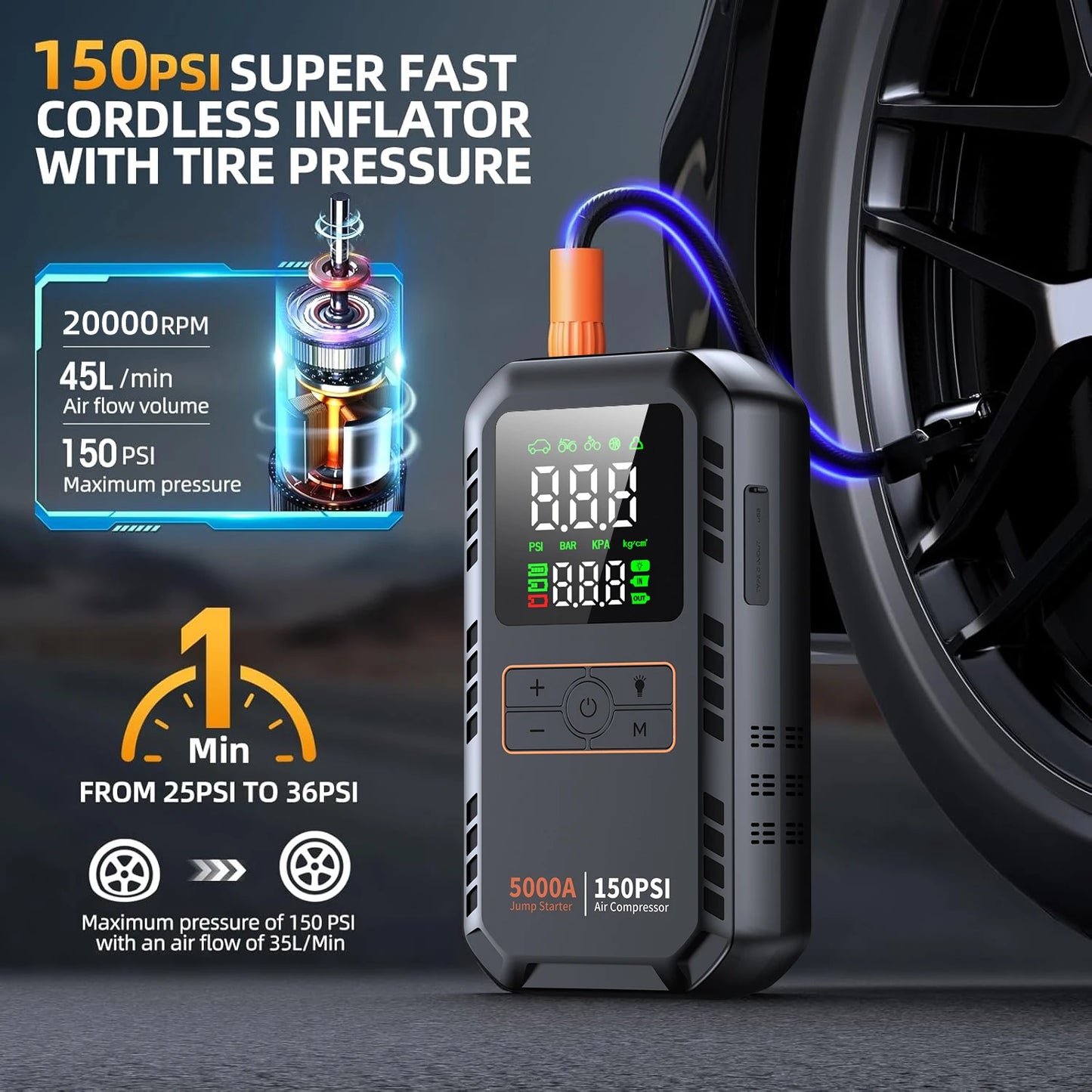 Démarreur de saut de voiture 4 en 1 avec compresseur d'air, Peak 5000A, Booster de batterie automatique, pompe à Air 150PSI, batterie externe Portable, gonfleur de pneus