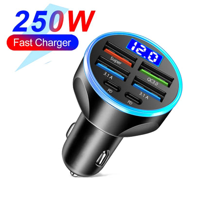 Chargeur de voiture à charge rapide, 66-250W, PD, QC3.0, une à six voitures, prise allume-cigare Laguna, charge flash avec affichage numérique