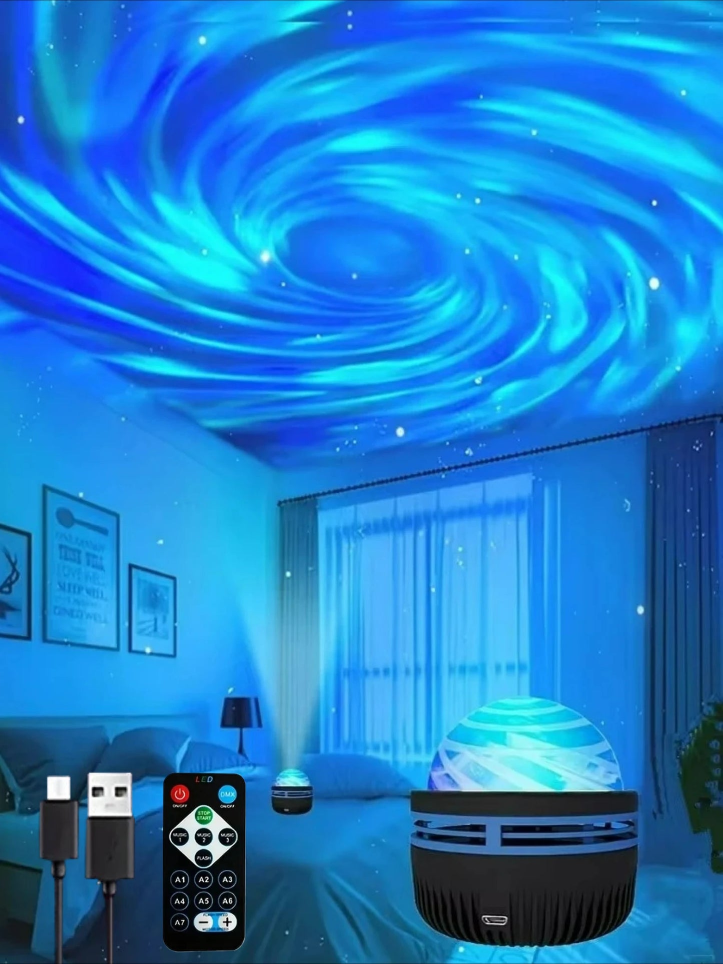Projecteur LED Ciel Étoilé RGB Galaxie Lampe d'Ambiance Projection Noël Halloween Télécommande 7 Couleurs Rotation Automatique Maison