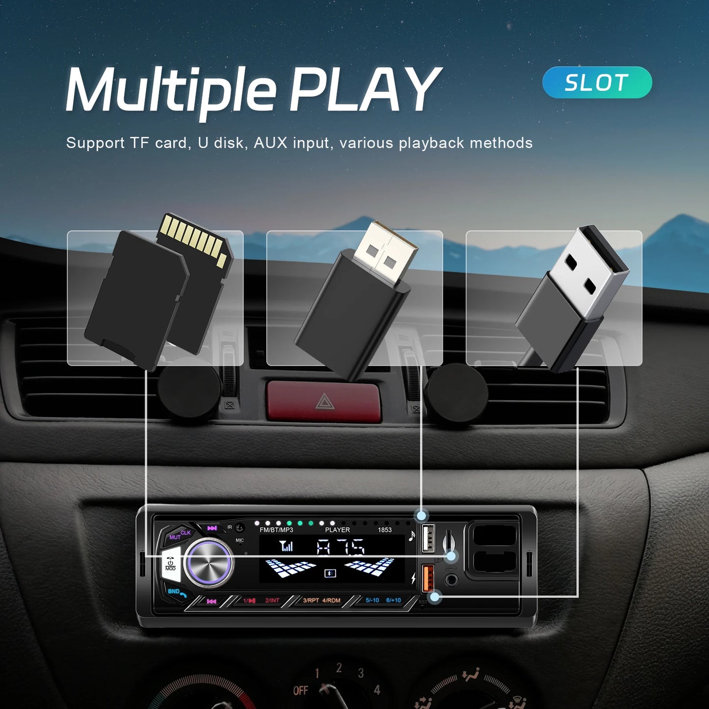 Leekooluu-Autoradio stéréo Bluetooth avec support pour téléphone, lecteur MP3, récepteur FM, prise en charge du chargement du téléphone, carte AUX, USB, TF, 1Din
