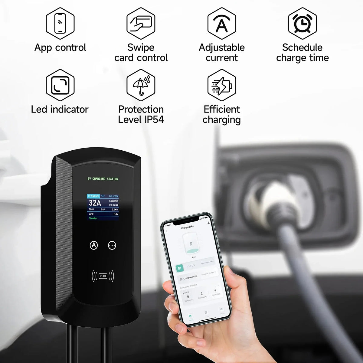 محطة شحن EV ثلاثية الأطوار AFEV 22KW 32A من النوع 2 IEC62196-2 شاحن سيارة كهربائية 7.6/11KW EVSE Wallbox WiFi APP للتحكم عن بعد