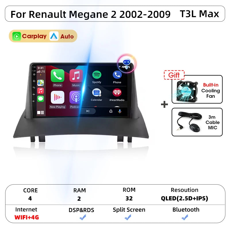 Android Carplay Auto pour Renault Megane 2 2002 2003 2004 2005 2006 2007 2008 2009 lecteur d'autoradio multimédia WIFI + 4G stéréo