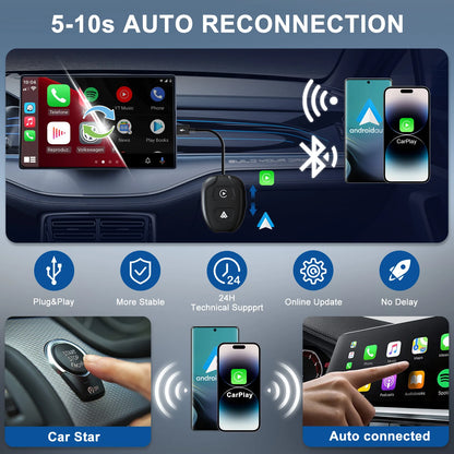 Adaptateur sans fil Android Auto et Apple CarPlay 2 en 1, adaptateur sans fil 5,8 GHz pour voitures CarPlay filaires en usine