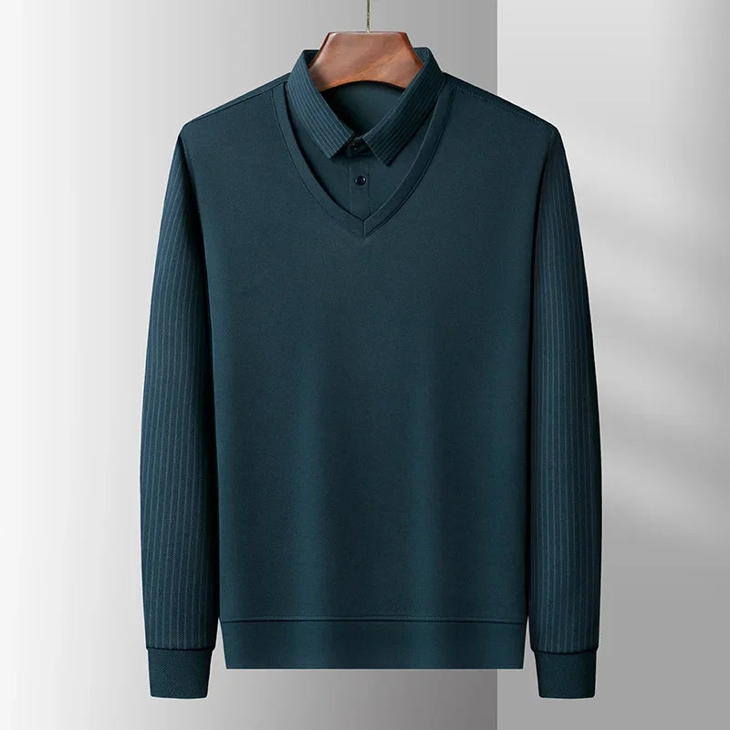 Polo à manches longues pour hommes, décontracté et à la mode, couleur unie, faux deux pièces, Business, toutes saisons, haut polyvalent, nouvelle collection 2025