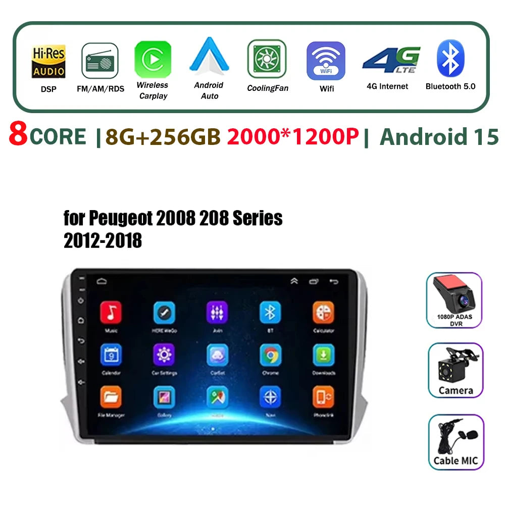 Autoradio multimédia Android 16 pour Peugeot 2008 208 Série 2012-2018 Lecteur Navigation GPS CarPlay sans fil Radio DVD Unité principale