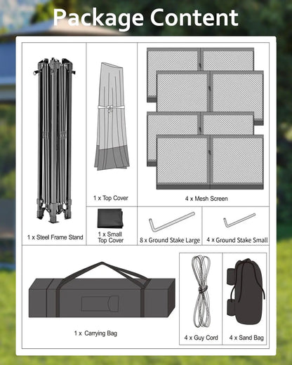 Tente à baldaquin 12x12 pieds, gazebo pop-up à installation rapide avec 4 sacs de sable pour fêtes et barbecues en extérieur, moustiquaire et hauteur réglable - Gris