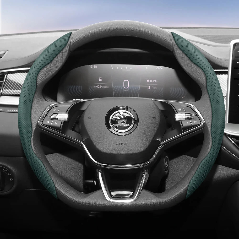 مناسب لـ Skoda غطاء عجلة قيادة من الجلد المسامي بتصميم مقطع سريع التحرير، مضاد للانزلاق ومتين، لسيارات Octavia Rapid Kodiaq Karoq Fabia Superb Kamiq Citigo Scala Combi Kylaq Kushag Slavia Black
