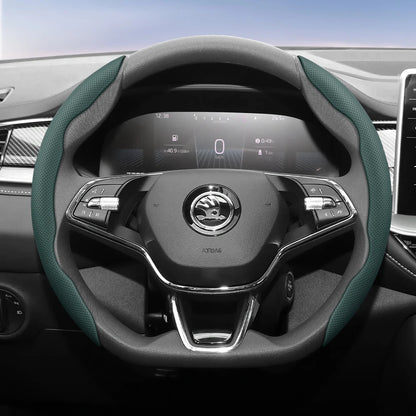 مناسب لـ Skoda غطاء عجلة قيادة من الجلد المسامي بتصميم مقطع سريع التحرير، مضاد للانزلاق ومتين، لسيارات Octavia Rapid Kodiaq Karoq Fabia Superb Kamiq Citigo Scala Combi Kylaq Kushag Slavia Black