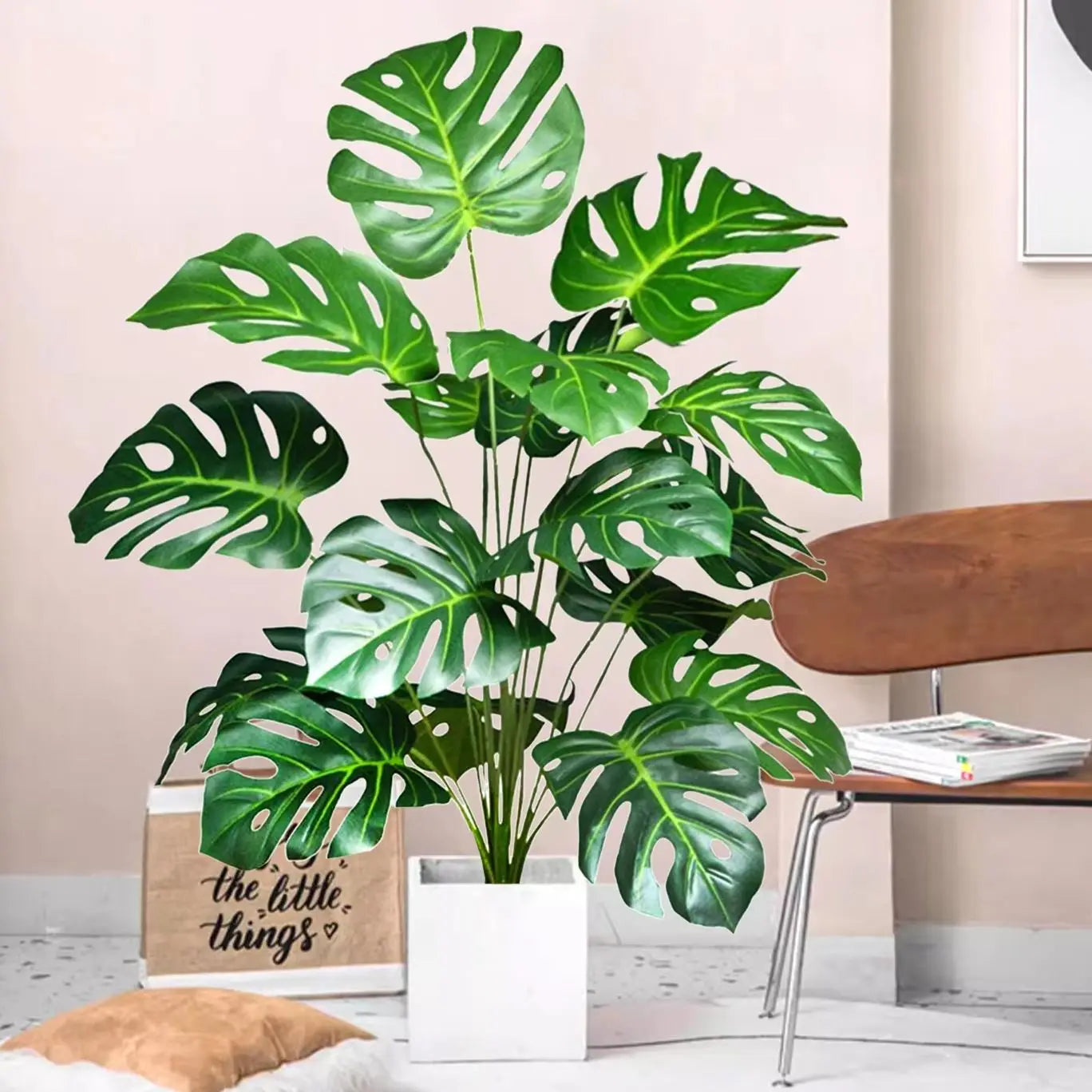 ورقة Monstera اصطناعية بلاستيكية، نبات مزيف للزينة بوعاء، مناسبة لديكور المنزل، 60-100 سم