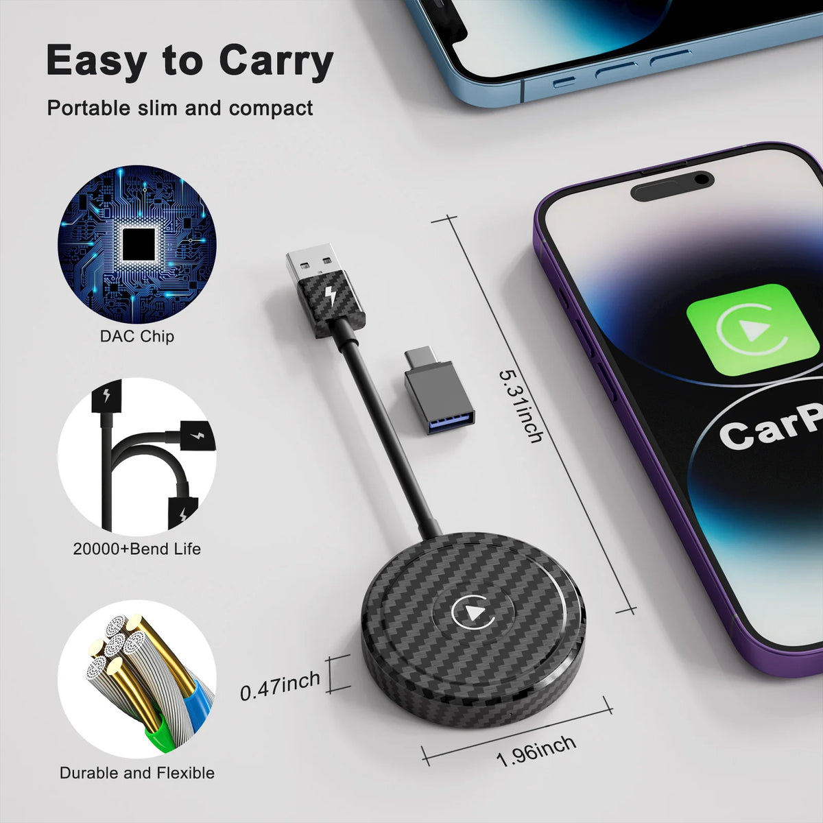 محول/دونجل CarPlay لاسلكي للسيارات من عام 2015 فما فوق وهواتف iPhone iOS 10+، كابل المصنع