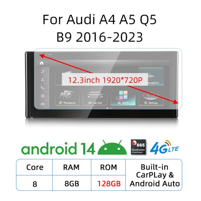 Carplay sans fil Android 14, 12.3, pour Audi A4 A5 Q5 B9 2017 2016 – 2023, écran tactile IPS, WIFI, multimédia, stéréo, récepteur GPS Navi