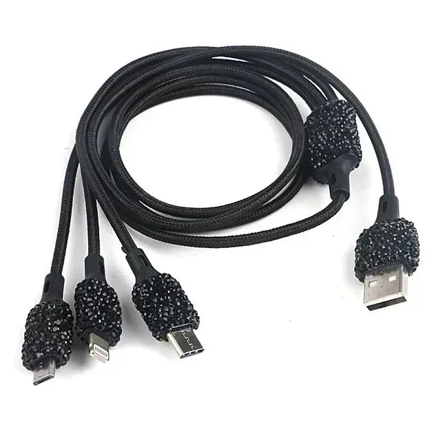 Chargeur de voiture USB rose cristal diamant 5V 2,1 a, double Port, adaptateur de charge rapide, câble 3 en 1 pour IPhone Samsung Huawei