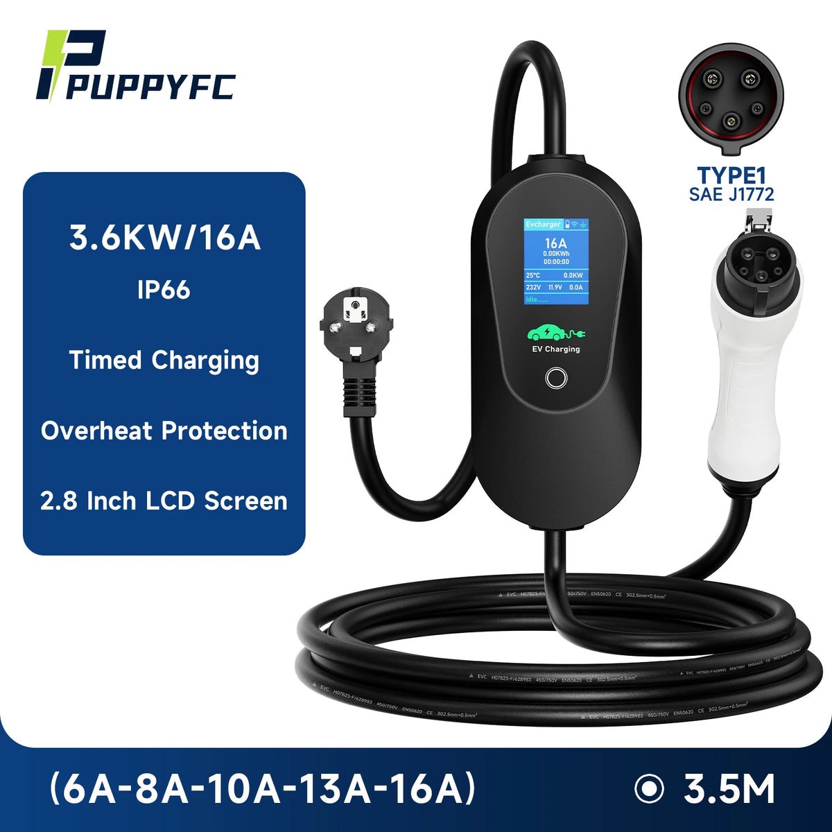 Puppyfc – chargeur EV Portable 3,6 kw, Type2/Type1 SAE J1772 GB/T 16A, boîte murale de charge rapide, câble de 3.5m avec contrôle par application WiFi