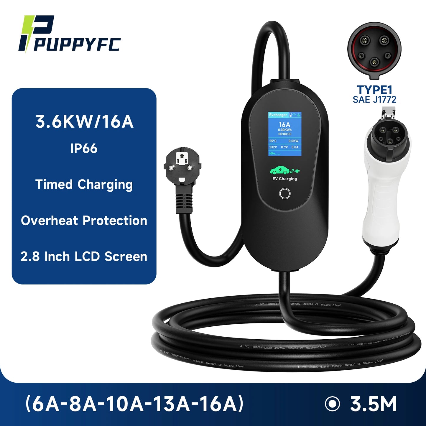 Puppyfc – chargeur EV Portable 3,6 kw, Type2/Type1 SAE J1772 GB/T 16A, boîte murale de charge rapide, câble de 3.5m avec contrôle par application WiFi