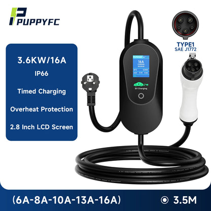 Puppyfc – chargeur EV Portable 3,6 kw, Type2/Type1 SAE J1772 GB/T 16A, boîte murale de charge rapide, câble de 3.5m avec contrôle par application WiFi