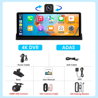 10.26 ''4K ADAS Dashcam voiture DVR Android Auto Carplay écran automobile système Intelligent enregistreur vidéo moniteur caméra de recul