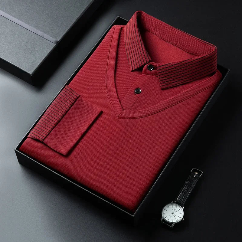 Polo à manches longues pour hommes, décontracté et à la mode, couleur unie, faux deux pièces, Business, toutes saisons, haut polyvalent, nouvelle collection 2025
