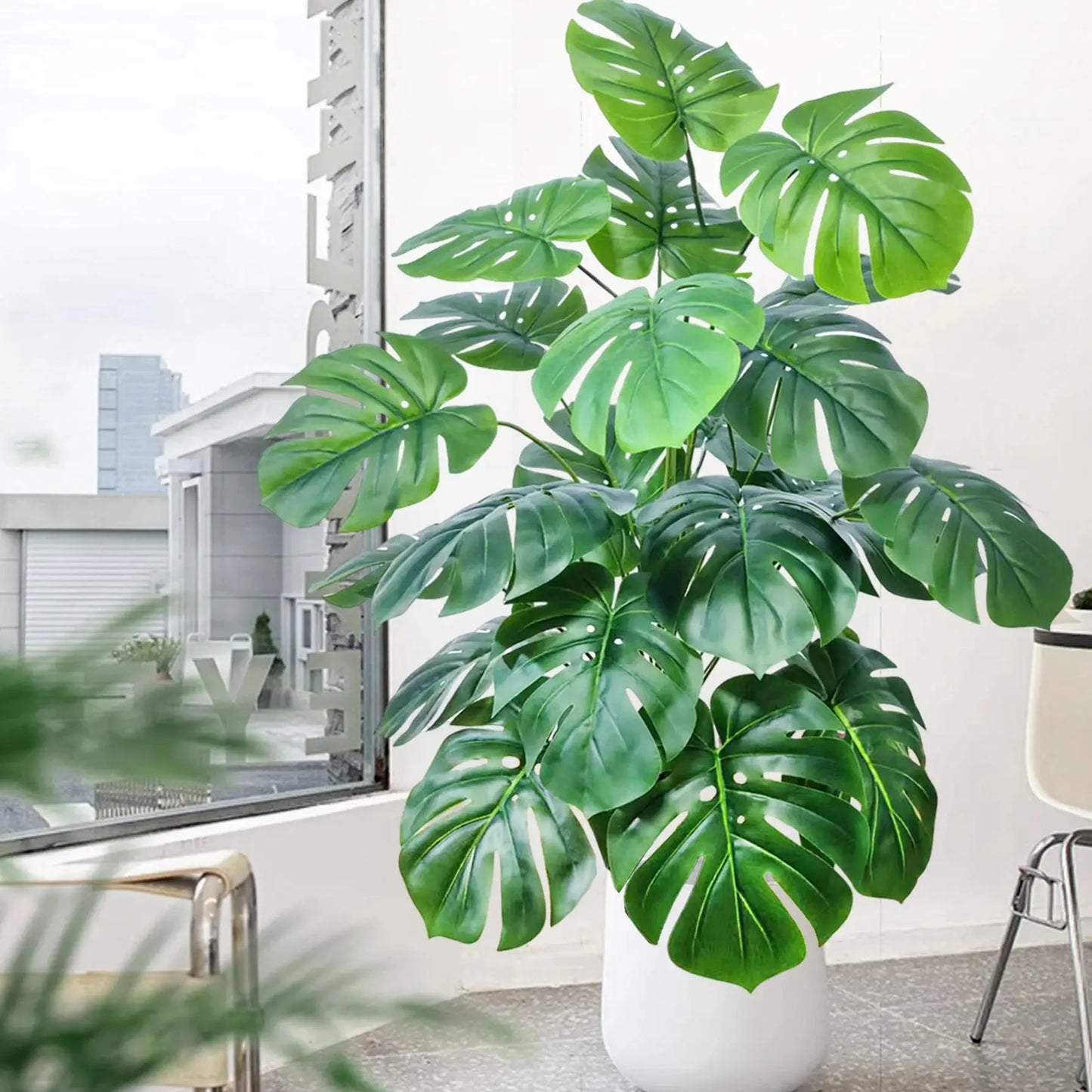 ورقة Monstera اصطناعية بلاستيكية، نبات مزيف للزينة بوعاء، مناسبة لديكور المنزل، 60-100 سم