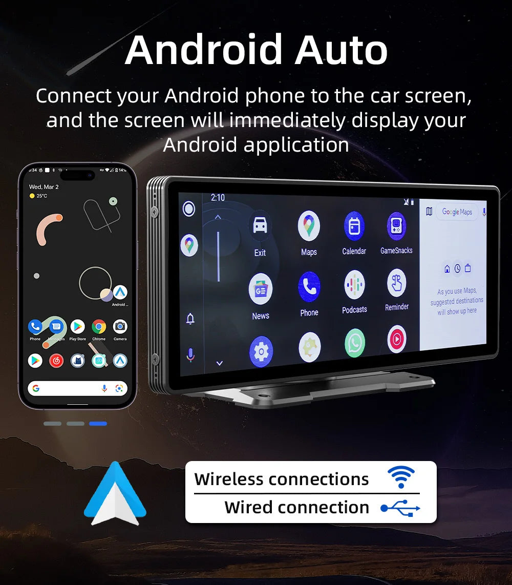 BQCC-Écran Carplay sans fil portable, caméra de recul arrière HD, autoradio DVR, lecteur vidéo MP5, Android Auto, 10.26 pouces