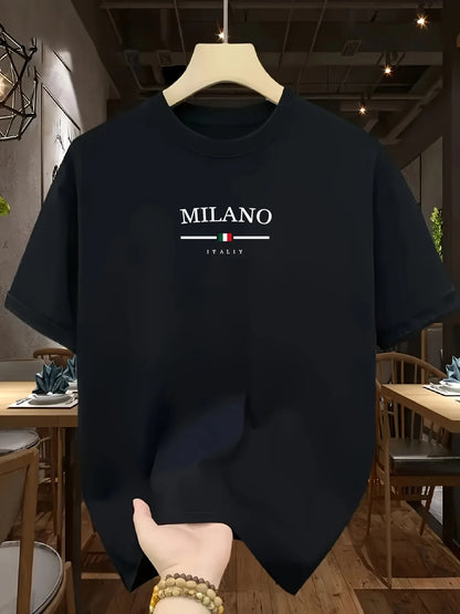 T-shirt à manches courtes et col rond pour hommes, 100% pur coton, à la mode, décontracté, ample, style italien, lettre Milan imprimée