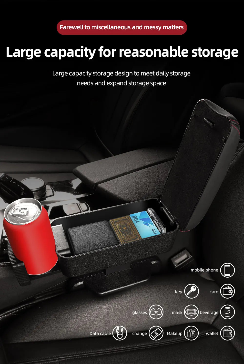 Organisateur de stockage d'espace de Console centrale de voiture réglable en hauteur avec plateau relevable Support de coude accoudoir pour SUV berline
