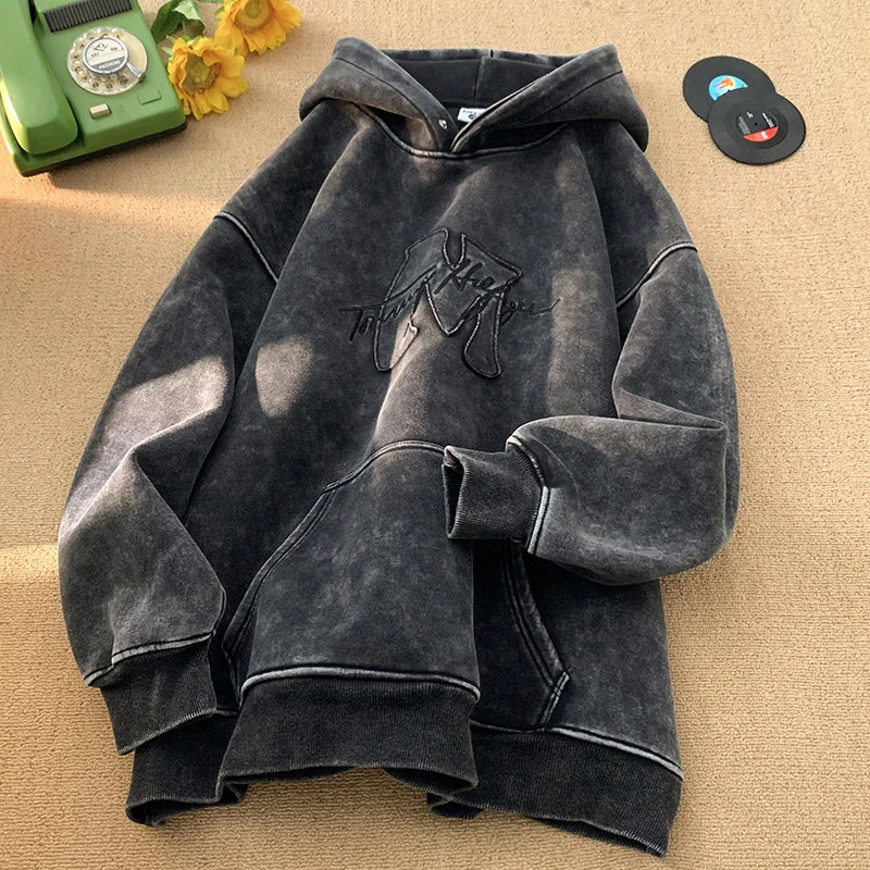 Sweat à capuche rétro lavé 2025 nouveau automne hiver Style de rue hommes à capuche lettres broderie haut à capuche ample surdimensionné sweats à capuche