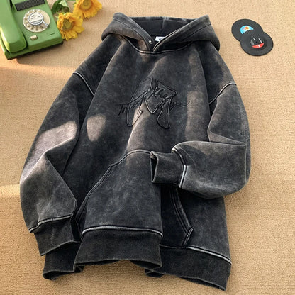 Sweat à capuche rétro lavé 2025 nouveau automne hiver Style de rue hommes à capuche lettres broderie haut à capuche ample surdimensionné sweats à capuche