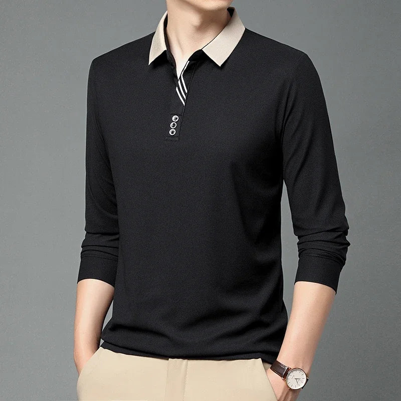 Polo à manches longues pour hommes, décontracté, couleur unie, à la mode, respirant, confortable, polyvalent, nouvelle collection