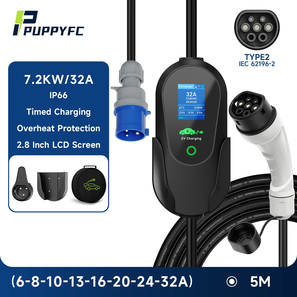 Puppyfc – chargeur EV Portable 3,6 kw/7 kw/11 kw, Type 2, charge rapide, prise CEE, câble Wallbox avec contrôle par application WiFi pour véhicule électrique