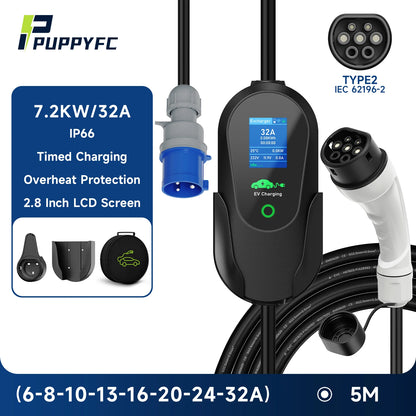 Puppyfc – chargeur EV Portable 3,6 kw/7 kw/11 kw, Type 2, charge rapide, prise CEE, câble Wallbox avec contrôle par application WiFi pour véhicule électrique