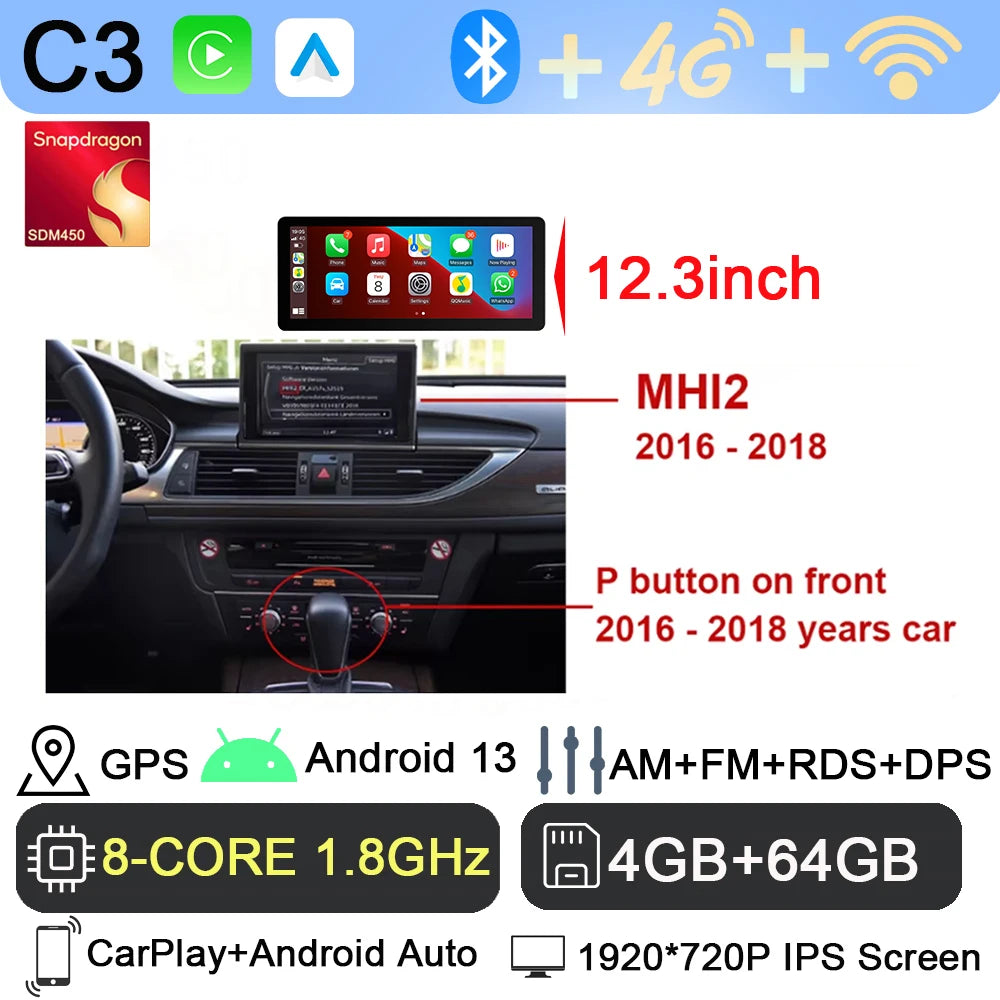Android 13 sans fil Carplay 12.3 pouces pour Audi A6 C7 A7 2012-2018 autoradio multimédia Android Auto GPS 4G LTE DSP stéréo WiFi