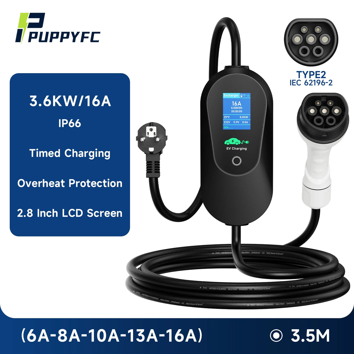 Puppyfc – chargeur EV Portable 3,6 kw, Type2/Type1 SAE J1772 GB/T 16A, boîte murale de charge rapide, câble de 3.5m avec contrôle par application WiFi