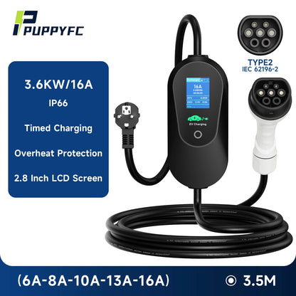 Puppyfc – chargeur EV Portable 3,6 kw, Type2/Type1 SAE J1772 GB/T 16A, boîte murale de charge rapide, câble de 3.5m avec contrôle par application WiFi
