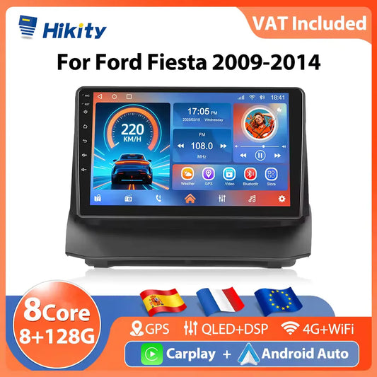 Autoradio Hikity 9 pouces 4G pour Ford Fiesta 2009-2014, lecteur multimédia vidéo, Carplay, Android Auto, 8 cœurs, WIFI, 4G, GPS, Mirrorlink, BT
