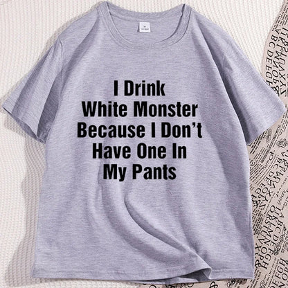 تي شيرت رجالي "I Drink White Monster" ملابس قطنية بأكمام قصيرة تي شيرت مضحك رسومات ملابس الشارع قطن ملابس كبيرة الحجم