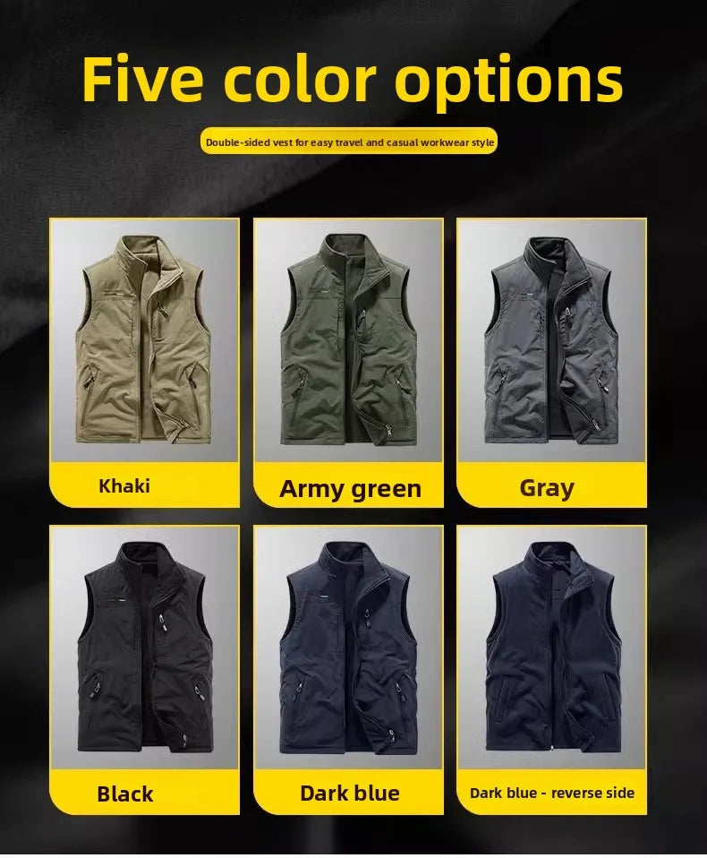 Gilet de sport d'extérieur en polaire épaisse pour homme, réversible, décontracté, coupe ample, fermeture éclair, couleur unie, automne-hiver